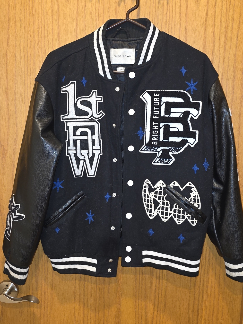 First Row X Bright Future Black & White Varsity Bomber Jacket